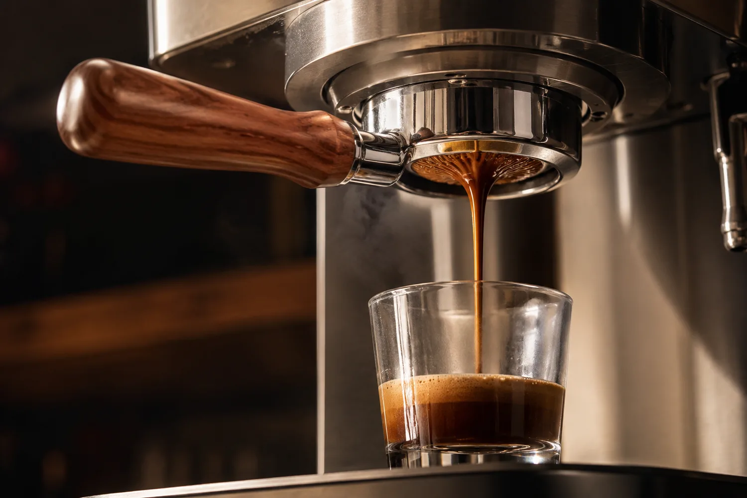 Espresso pulling through a bottomless portafilter, the stream converging under the basket